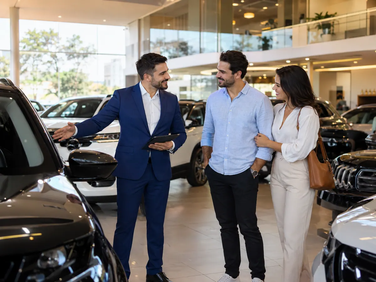 Clientes conhecendo os veículos em um showroom real e iluminado