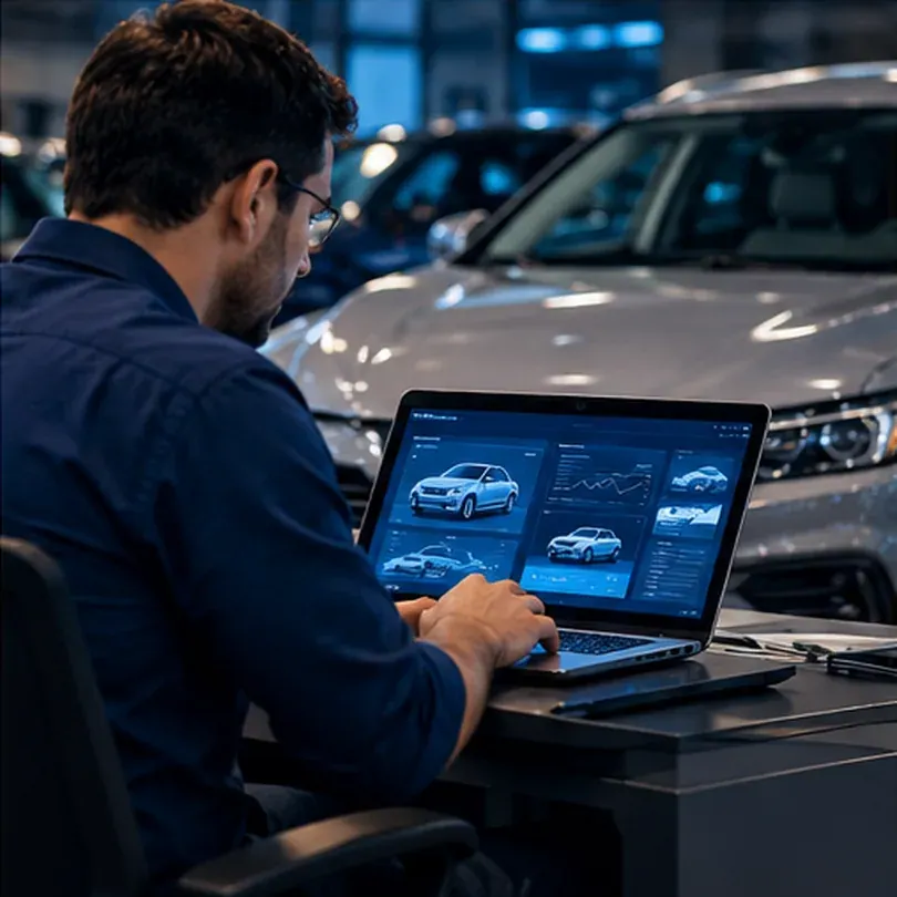 Profissional avalia as informações e a documentação de um carro