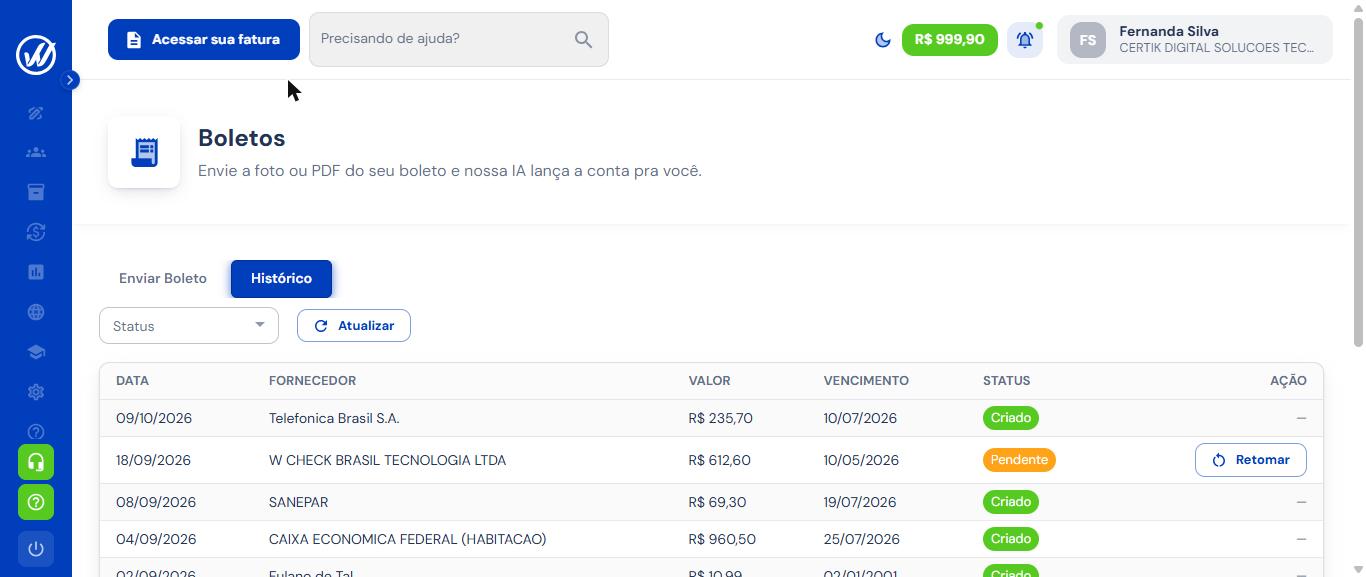 Captura de tela da leitura de boletos por IA no sistema W Check Brasil